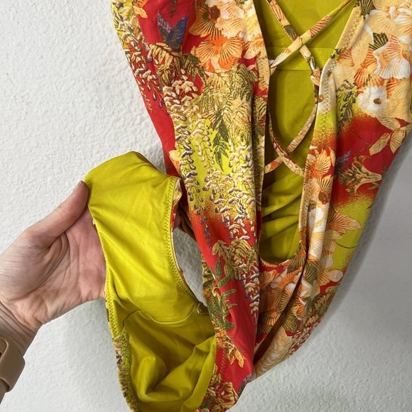 Natori Green Orange Asian Floral Lace Up One Piece Swimsuit - Picture 5 of 5